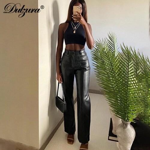 Dulzura Patchwork Pu Faux Leather Wide Leg Pants High Waist Pocket Streetwear Office Lady 2020 Autumn Winter Club Trousers
