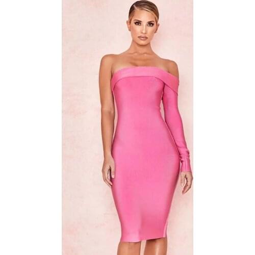 European and American Fashion Pink One-Word Neck Long Sleeve Single Shoulder Bandage Dress Sexy Party Dress