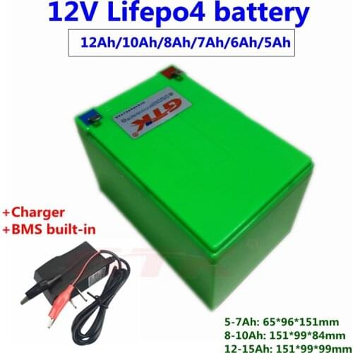 GTK Rechargeable 12V 15Ah 12Ah 11Ah 10Ah 9Ah 8Ah 7Ah 6Ah 5Ah LiFePO4 lithium battery Not lead acid for power 100w car toy led