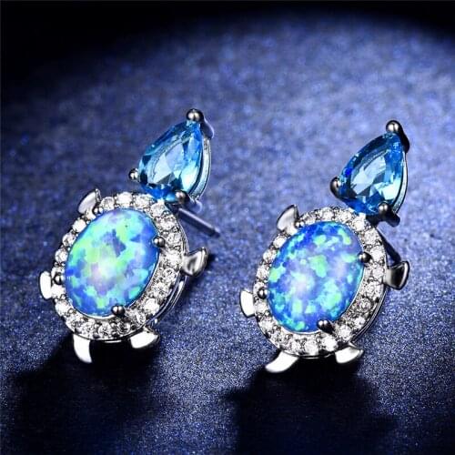Cute Turtle Stud Earrings For Women 925 Sterling Silver Filled Pear Teardrop Zircon Oval Blue White Fire Opal Earrings Wedding