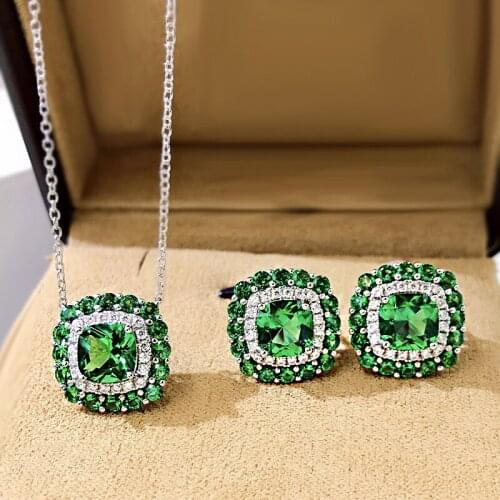 Fashion 100% 925 Sterling Silver Sapphire Emerald Gemstone Jewelry Sets Elegant Vintage Necklace/Earrings Party Fine Jewelry