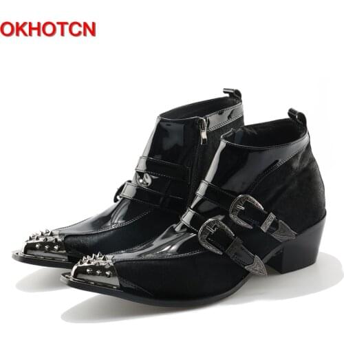 OKHOTCN Genuine Leather Men Ankle Boots Iron Rivets Pointed Toe Mens Military Cowboy Boots Horsehair Double Buckles Botas Hombre