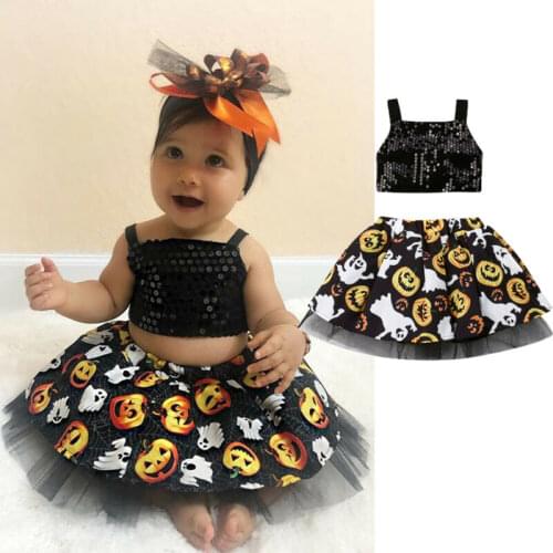 2019 Baby Girl Halloween Outfit Pumpkin Sequin Top Tutu Skirt Dress Cake Smash Set