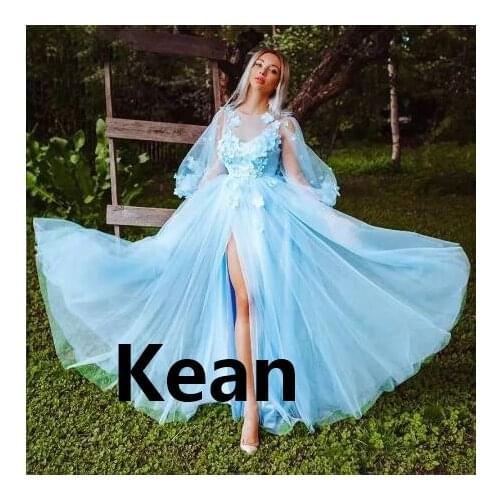 Sky Blue High Split Illusion Evening Dresses robe de soiree Evening Gowns Prom Dress Vestidos De Festa