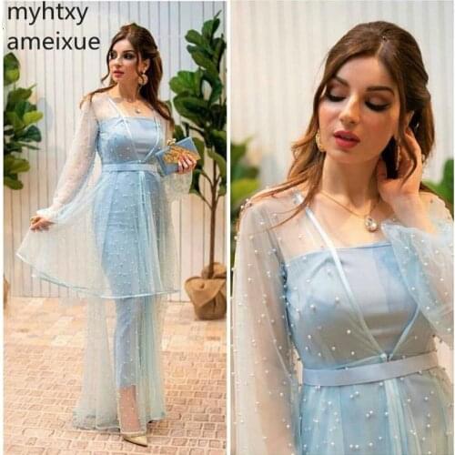 New Arrival Arabic Long Sleeve Blue Plus Size Evening Dress 2021 Gown Pearls Beaded Prom Abiye Kaftan Dubai Dress Robe De Soiree