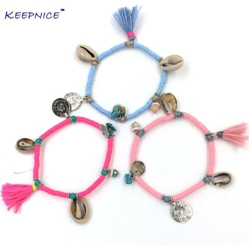 New European Boho Jewelry Suppliers Handcrafted Bracelet Polymer Clay Beaded Bracelets With Tassel Coin Charm Bracelet