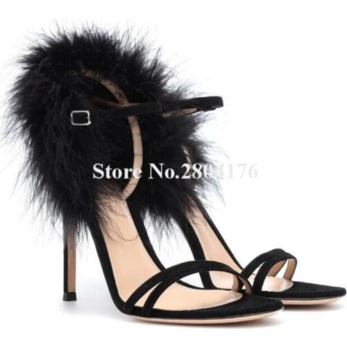 Women Charming Open Toe Suede Leather Fur Wrap Ankle Stiletto Heel Sandals Blue Black High Heel Sandals Wedding Shoes