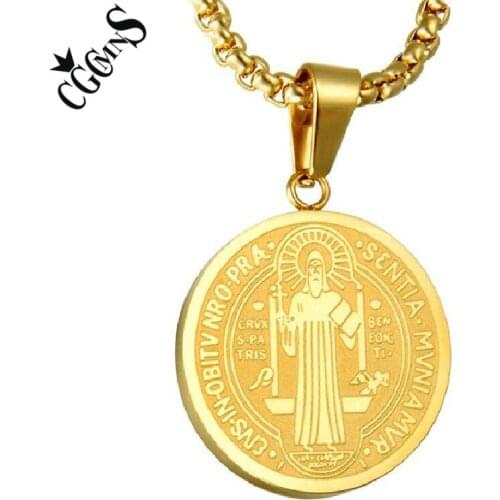Saint Benedict Medal Necklaces Titanium Steel Cross Pendants & Chain Catholicism Christian Jewelry For Men Fathers Gift