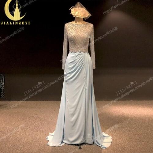 Rhine real Pictures Deep Light Sky blue Long Sleeves Beads Crystal Sexy Formal dress prom dresses arabic evening dresses long