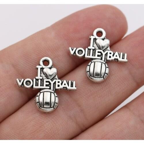 10Pcs Antique Silver Plated I Love Volleyball Charms Pendants for Jewelry Making Necklace DIY Handmade 19x21mm