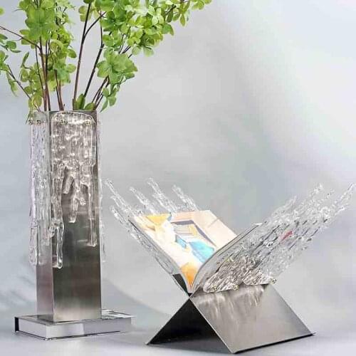 Luxury Waterfall Splashes Of Water Glass Metal Bookshelf For Home Room Decor Storage Rack Designer Interior Soft Ornaments