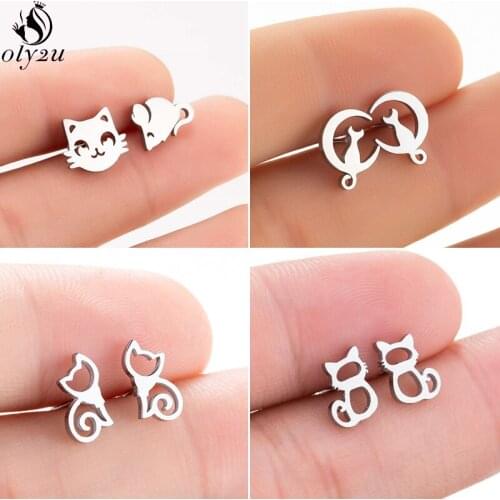 Oly2u Stainless Steel Earings Cute Cat Stud Earrings for Women Girls Fashion Jewelry Mini Pet Animal Earing Kids Birthday Gift
