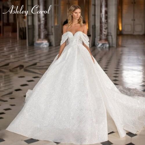Ashley Carol Princess Wedding Dress 2021 Glamorous Ruched Sweetheart Shining Tulle Bridal Cap Sleeve Backless A-Line Bride Gowns