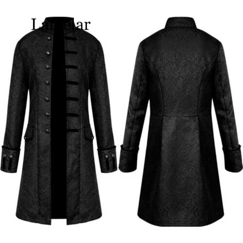 Men Trench Coat Steampunk Jacket Medieval Costume Men Long Sleeve Gothic Brocade Jacket Frock Vintage Stand Collar Mens Coat