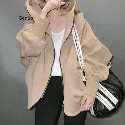 Spring Casual Women Harajuku Hoodies Sweatshirt Coat Zip Up Outerwear Hooded Jacket Plus Size Outwear Tops Simple Brown