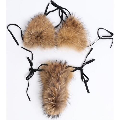 YOLOAgain Women Natural Raccoon Real Fox Fur Sexy Bikini Set Bra Detachable Y011