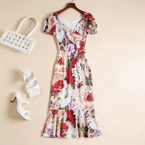 Womens American European and wear 2021 summer new style Peony flower print Short sleeved V-neck fashionable fishtail dress