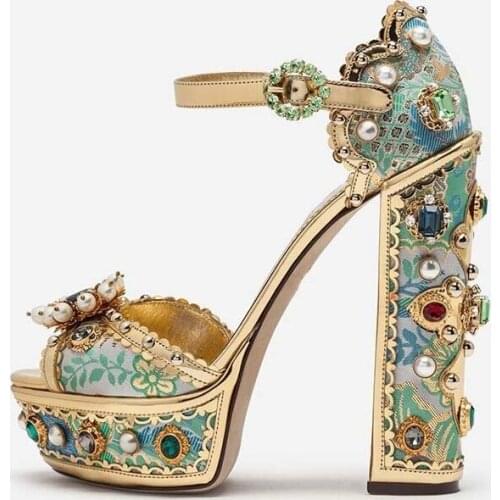 Ladies Royal Floral Jacquard Satin Sandals Pearl Gemstone Jeweled 14cm Chunky Heels Ankle Strap Crystal Party High Heeled Shoes
