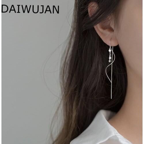DAIWUJAN 925 Sterling Silver Long Tassel Earrings For Women Korean Leaf Round Disc Single Crystal Wave Earrings Female Jewelry