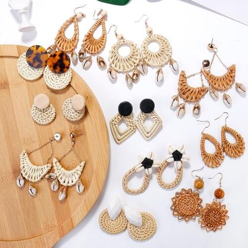 AENSOA Fashion Handmade Rattan Knit Drop Earrings for Women Bamboo Geometric Weave Drop Earring 2021 Vintage Costume Jewellery