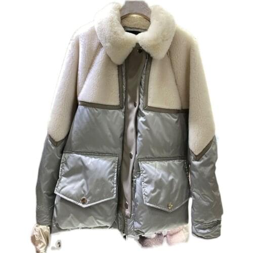 90%white duck down jacket patchwork real price sheep fur coats 2020 fashion women overcoat winter turn-down collar down parka
