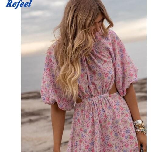 Spring summer women mini dress backless floral print O-neck puff sleeve high waist party femme vestidos mujer