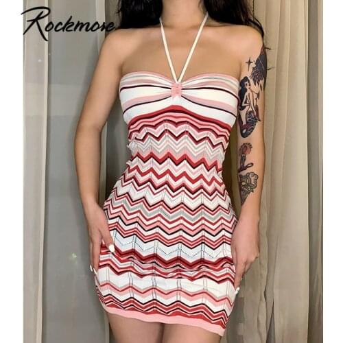 Rockmore Halter Mini Dress for Women Wave Striped Dresses y2k Womens Bodycon Short Dress Sexy Evening Party Sundress Vintage