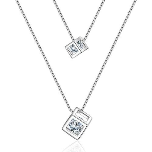 Hot Sale Wholesale New Fashion Shiny Zircon Square Design 925 Sterling Silver Pendant Necklaces for Women Jewelry Gift