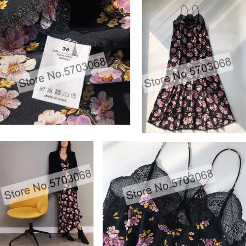 Elfstyle Ladies V Neck High-end Silk Hollow Out Lace Patchwork Floral Printing Midi Dress