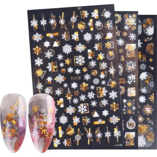 1pcs White Laser Gold Nail Stickers Festive Christmas Manicure Art Ideas Slider New Year Adhesive Foil Nail Wraps LAF712-719-1