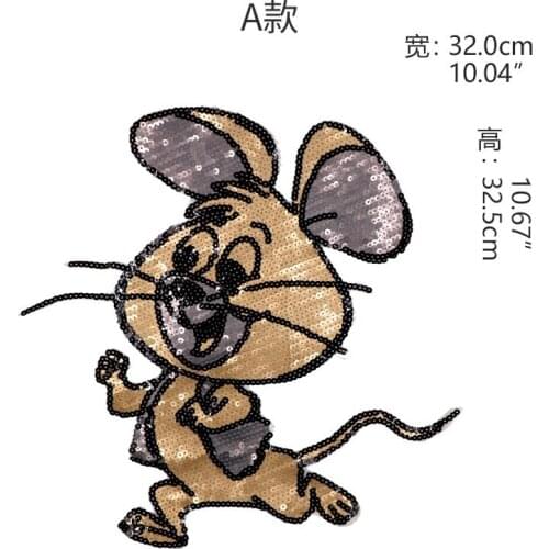 2PCS Large Cartoon Mouse Sequins Patch EMB Applique Sew On Iron on Patch DIY Embroidered Bling Bling Mouse Clothing Sticker