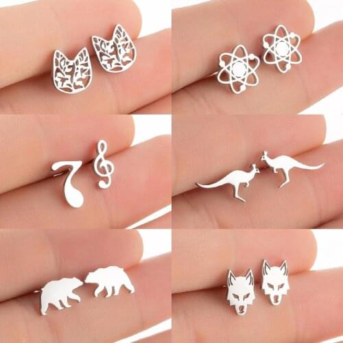 2021 Stainless Steel Atom Stud Earrings Chemistry Jewelry Cute Cat Kangroo Wolf Bear Earrings Music Charm Ear Piercing Gifts