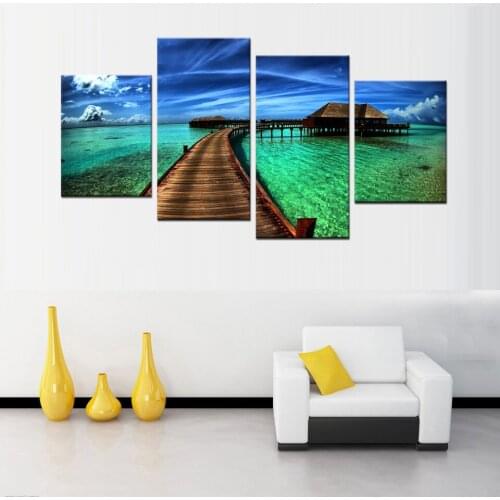 4 Panels Modern Canvas Maldives Resort Tropical Seascape Mural Canvas Printing Art Ready to Hang Coloring Home Decor Large Size