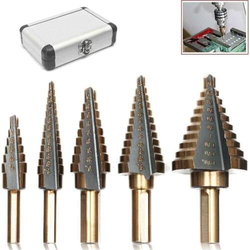 Power Tool Drill Bits 5pcs Large Cobalt HSS Step Titanium Cone Drill 50 Sizes Step Drill Bit Hole Cutter Bit with Case