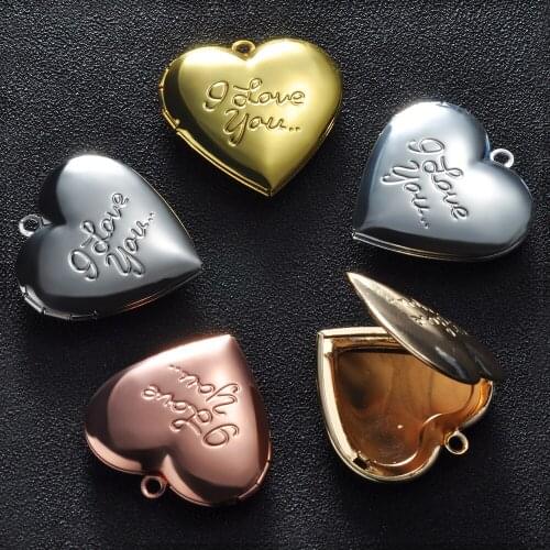 5 Pcs/Lot I love you Heart Steel Gold photo locket pendants for necklace Copper picture frame charms diy pendant jewelry
