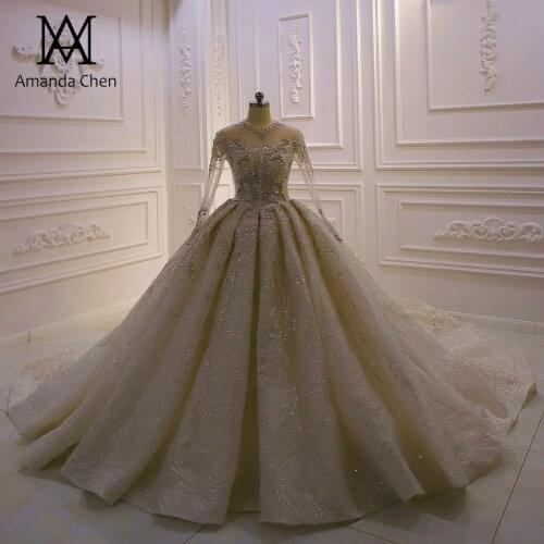 Abendkleider Long Sleeve Lace Appliques Crystal Saudi Arabic Shiny Wedding Dress