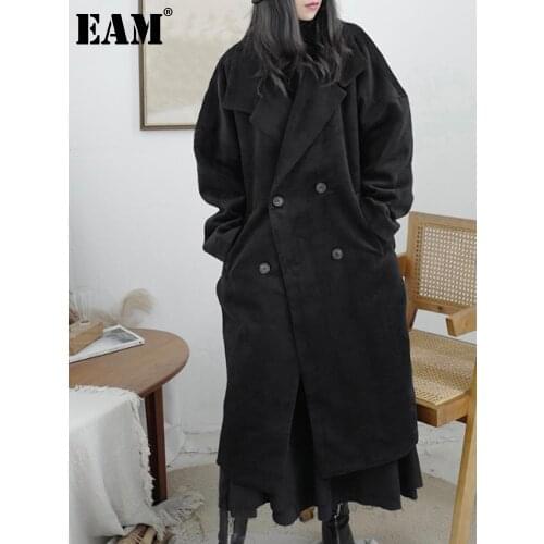 [EAM] Loose Fit Big Size Big Pockets Belt Woolen Coat Parkas New Long Sleeve Women Fashion Tide Autumn Winter 2021 1DD3179