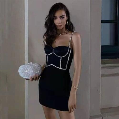 Elegant Women Mini Dress Diamonds Fashion Spaghetti Strap Black Bandage Dresses Sexy Strapless Runway Party Vestidos Woman