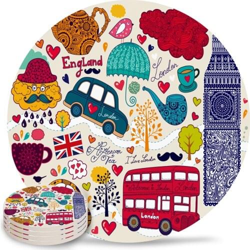 Art London Cartoon Placemat Ceramic Drink Coasters Table Decoration Absorbent Moisture