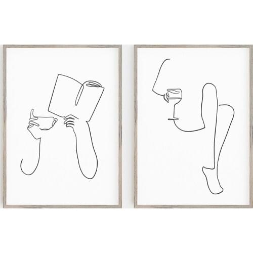 Books Coffee Wine Lover One Line Art Drawing Picture Nordic Canvas Painting Wall Art Woman Body Minimalist Poster Print for Room