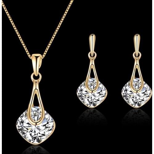 Fashion Women Water Drop Pendant Square Rhinestone Ear Stud Earrings Necklace Lady Jewelry Set