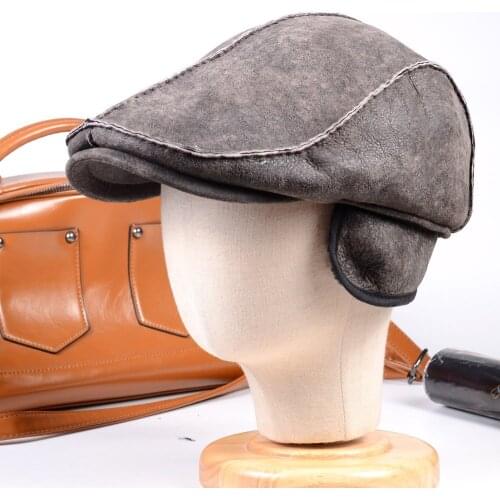 Mens Male Real Fur Winter Warm Sheepskin Earmuff Peaked Cap Bomber Hats Army Beret Hats/caps