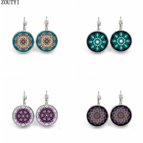 New / retro yoga meditation female lotus Buddhist mandala flower long, glass cabochon retro silver color jewelry female earrings