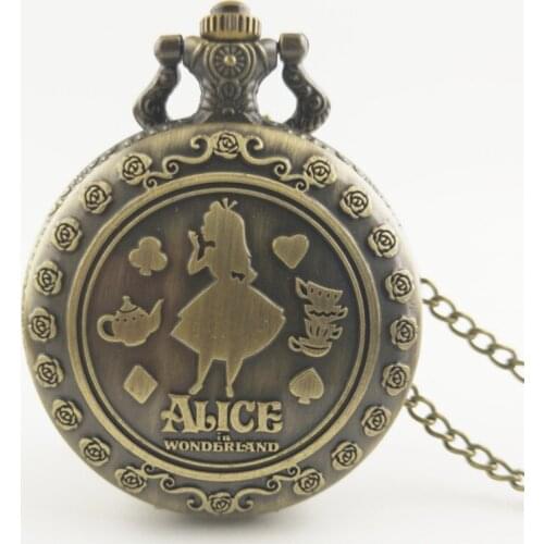 New Arrival 100pcs/lot Vintage Bronze Alice in Wonderland Pockt Watch Retro Pocket Watches Sweater Chain Gift Watches