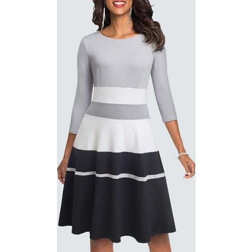 Autumn Fashion O neck Patchwork Elegant Swing A line Casual Stripe Slim Party Dress HA173