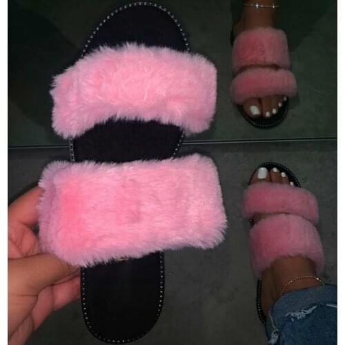 Pink Durable Sandals Outdoor Wild Fashion Beach Flat Flip Flop Fox Fur Spring Summer New 2020 Leopard Women Home Furry Slippers