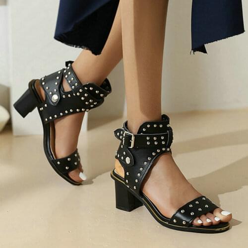 Black Brown PU Leather Women Sandals Open Toe Square Heel Ladies Summer Shoes Buckle Rivet Fashion Womens Shoes Plus Size 43