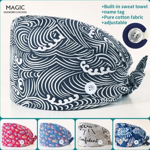High Quality Dentistry cap Surgical Scrubs women hats with sweatband cotton cartoon print Pet Grooming hat nurse accessories cap