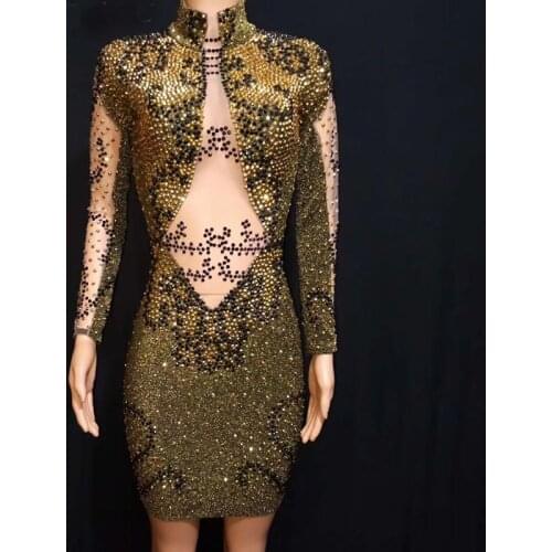 Gold Rhinestones Stretch Jumpsuit Womens Evening Party Wear Black Stones Bodysuit Costume Prom Birthday Celebrate Dance Outfit