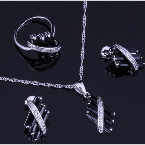 Cheerful Black Cubic Zirconia White CZ Silver Plated Jewelry Sets Earrings Pendant Chain Ring V0969